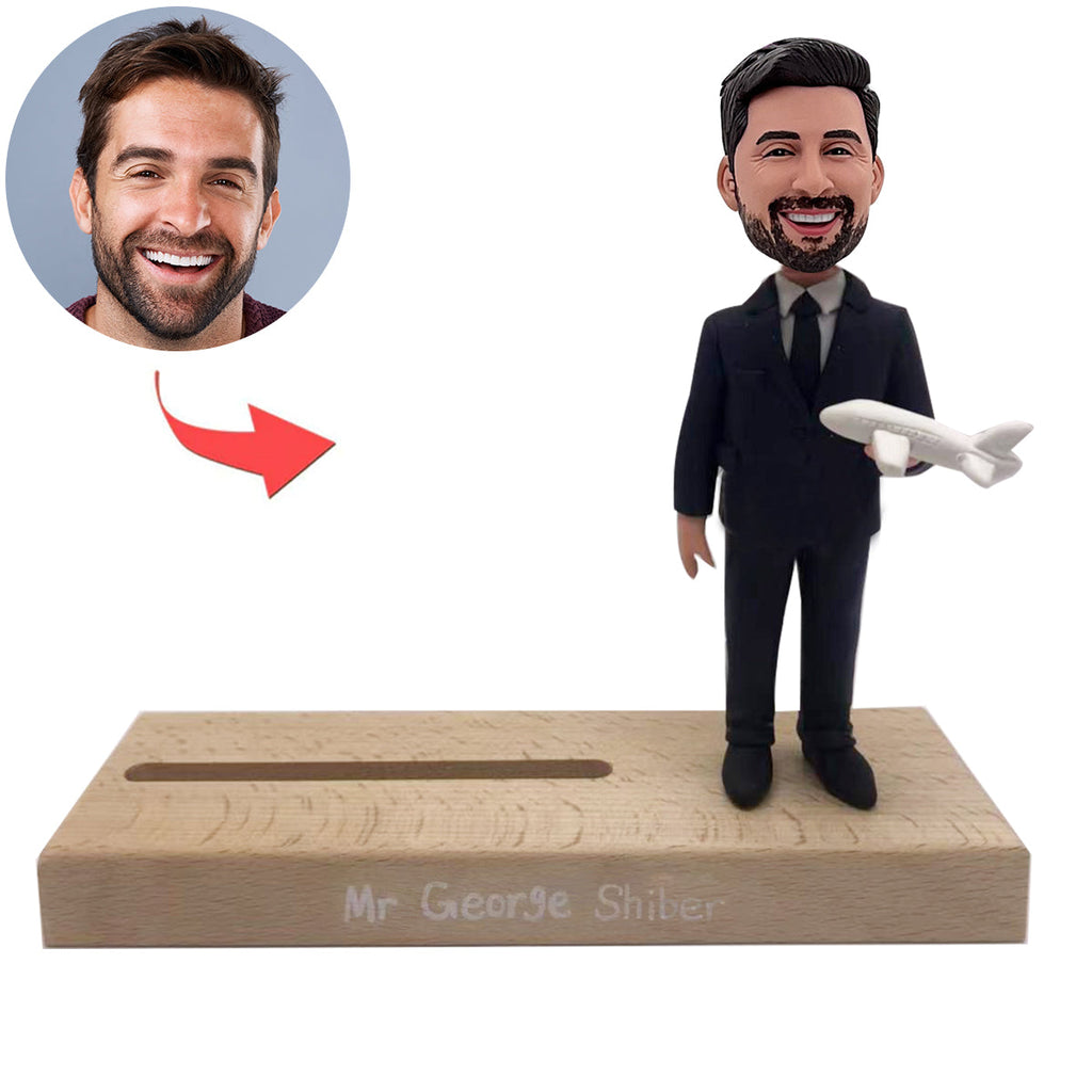 Porta biglietti da visita personalizzato con bobblehead del capitano e modello di aereo