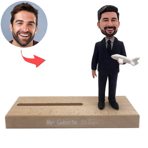 Porta biglietti da visita personalizzato con bobblehead del capitano e modello di aereo