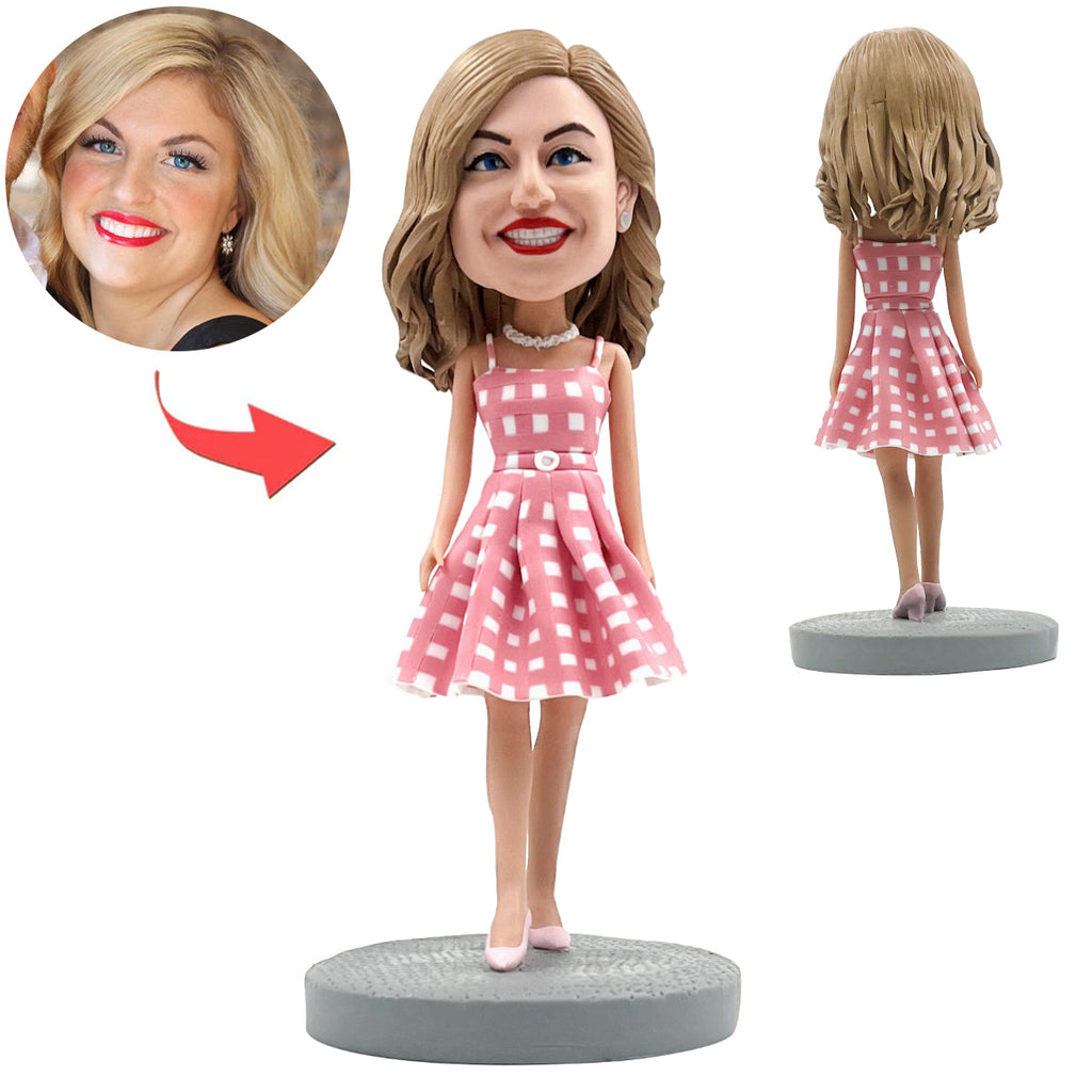 Bobblehead personalizzati per bambine con abito a quadri rosa
