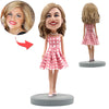 Bobblehead personalizzati per bambine con abito a quadri rosa