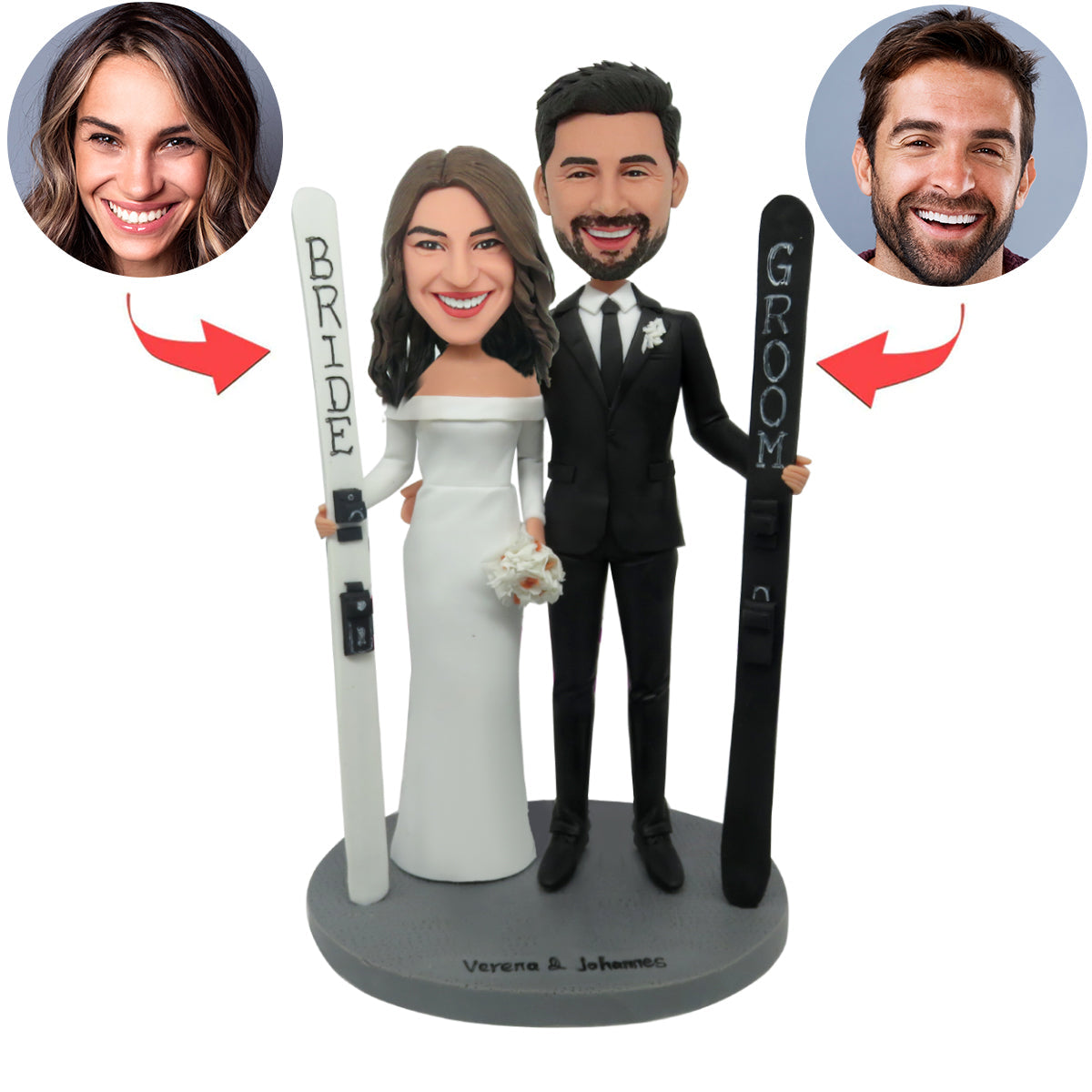 Bobblehead personalizzato per coppia di sposi con skateboard