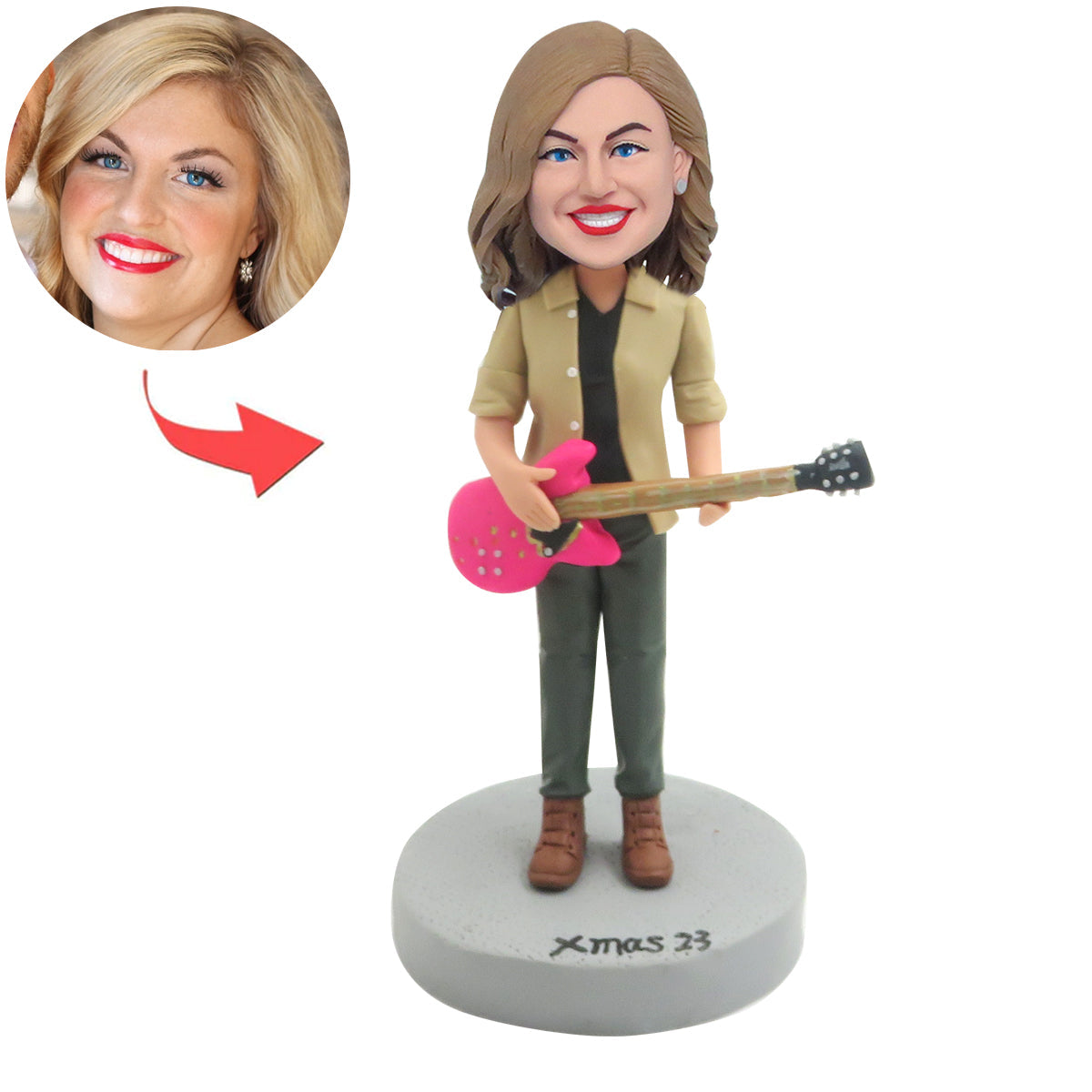 Bobblehead personalizzato da donna con chitarra rosa