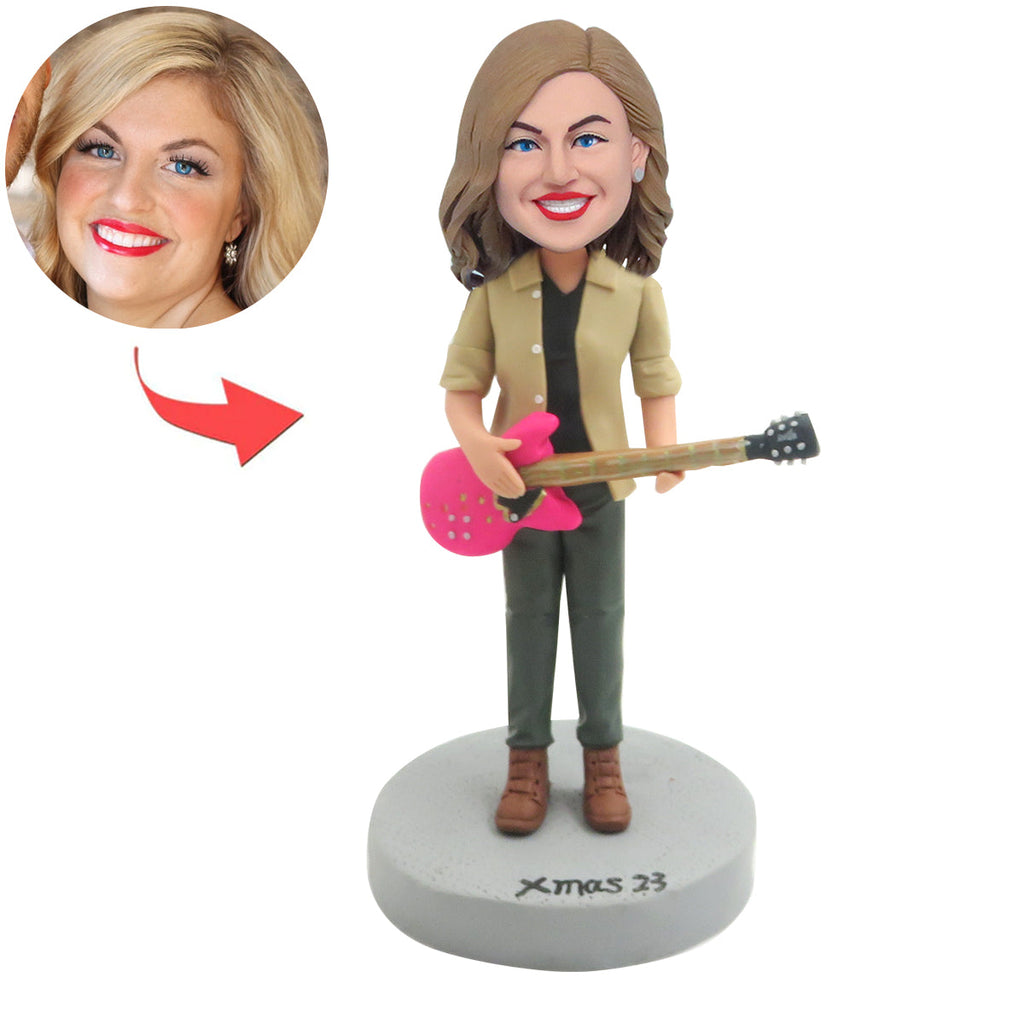 Bobblehead personalizzato da donna con chitarra rosa