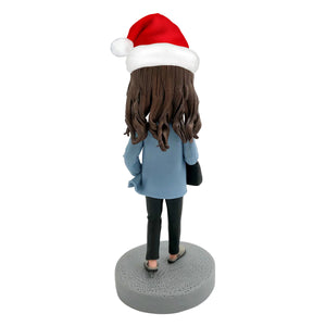 Bobblehead personalizzato raffigurante una donna lavoratrice con cappello da Babbo Natale
