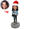 Bobblehead personalizzato raffigurante una donna lavoratrice con cappello da Babbo Natale