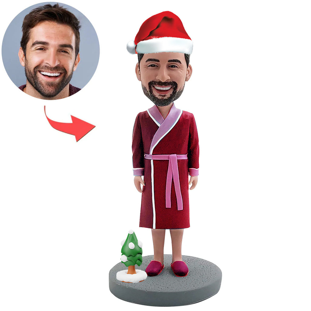 Bobblehead personalizzato con papà in accappatoio e cappello da Babbo Natale