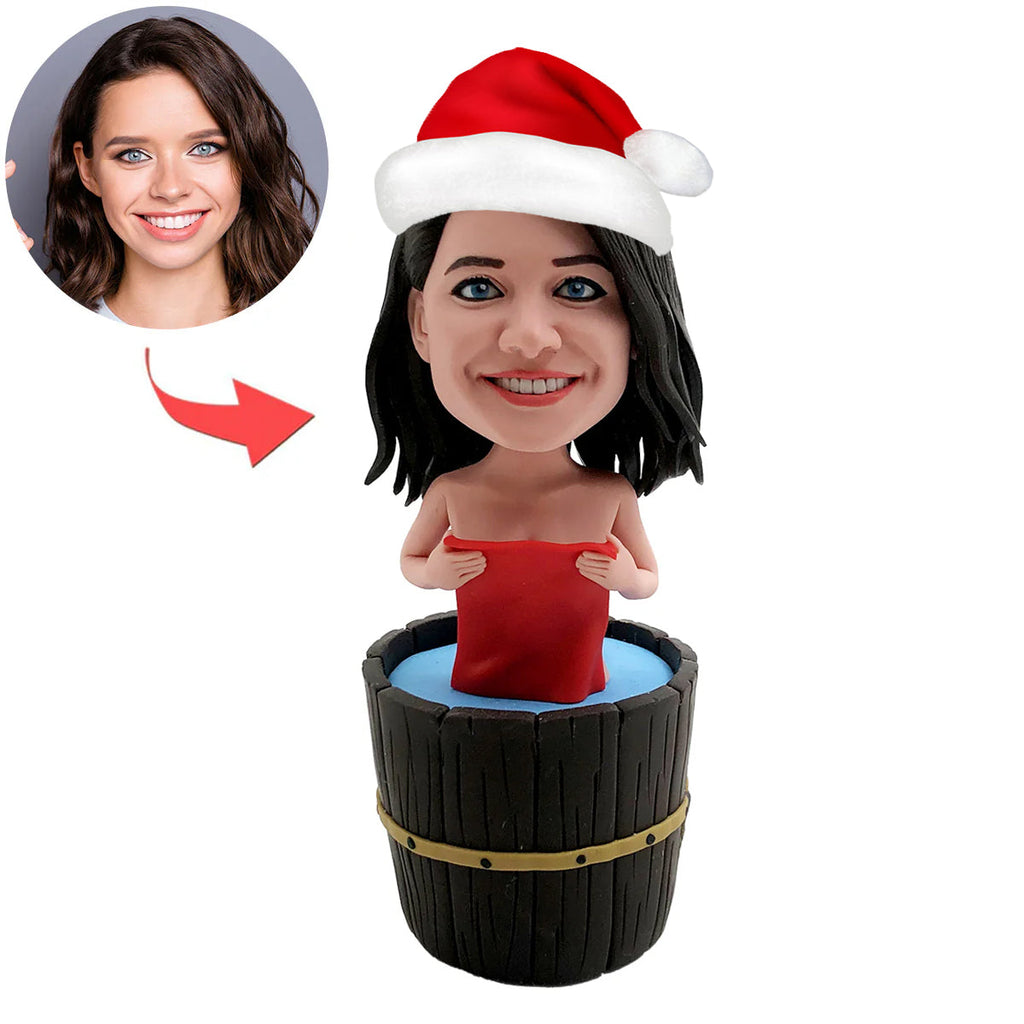 Bobblehead personalizzato da donna che fa il bagno con cappello da Babbo Natale