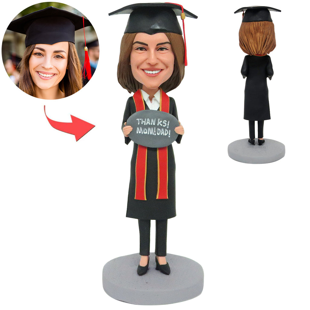Bobblehead personalizzato per la laurea di una bambina - Grazie! Mamma e papà!