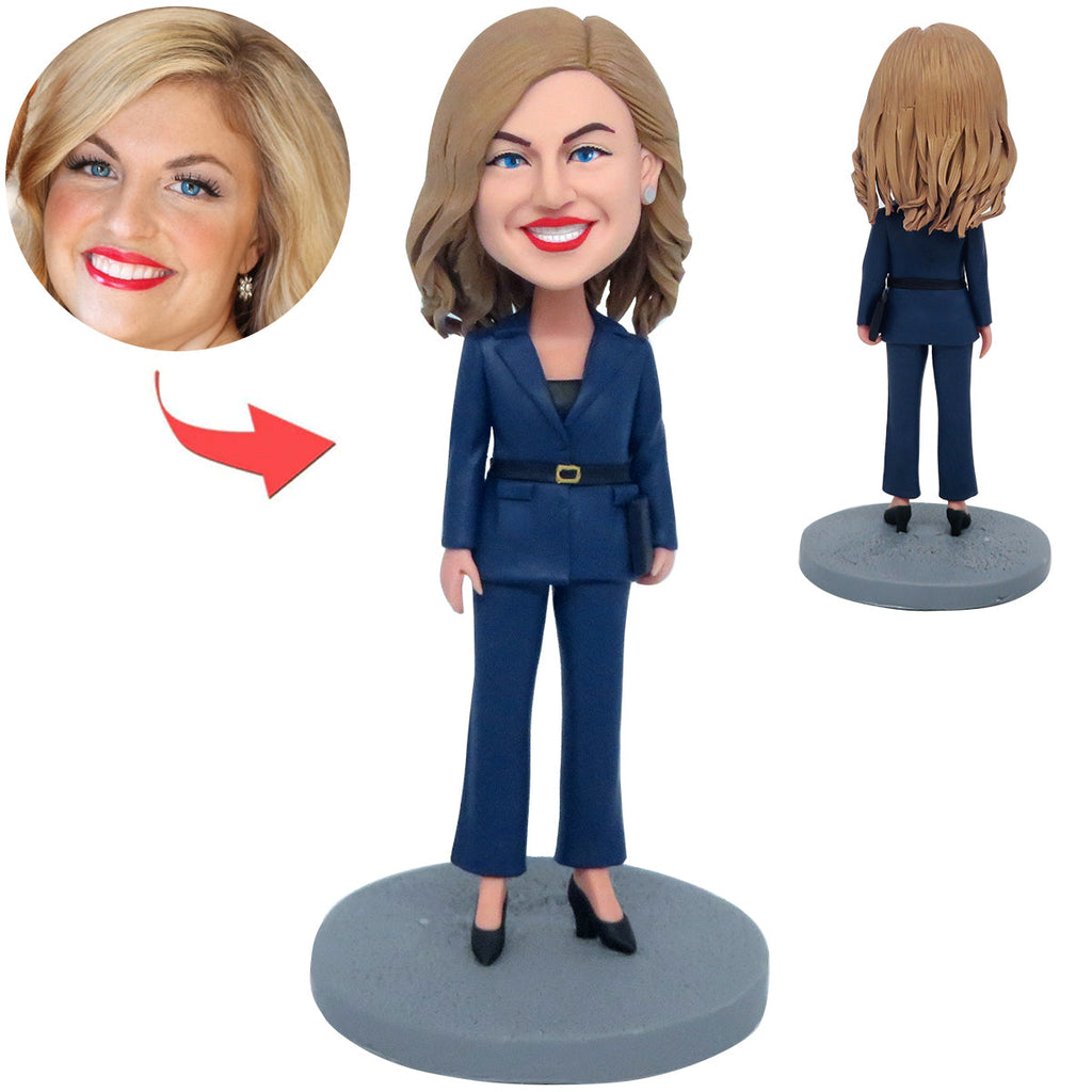 Bobblehead personalizzato per donna d'ufficio con abito blu navy